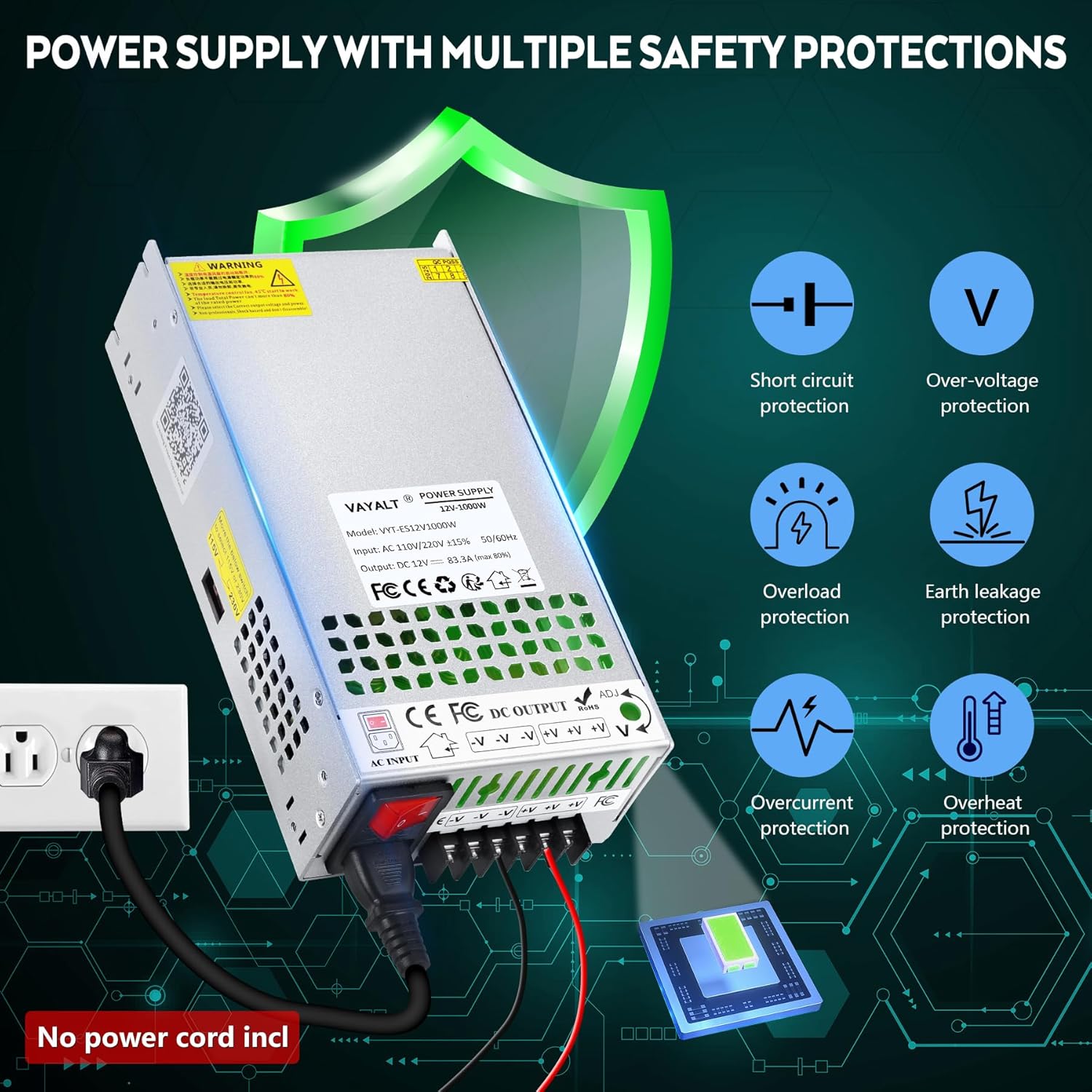 VAYALT 12V 83.3A 1000W DC Switching Power Supply, Universal Regulated Switching AC 110V/220V to DC 12V Transformer, 12V Power Suply for Industrial, Computer Project(No Power Cord)