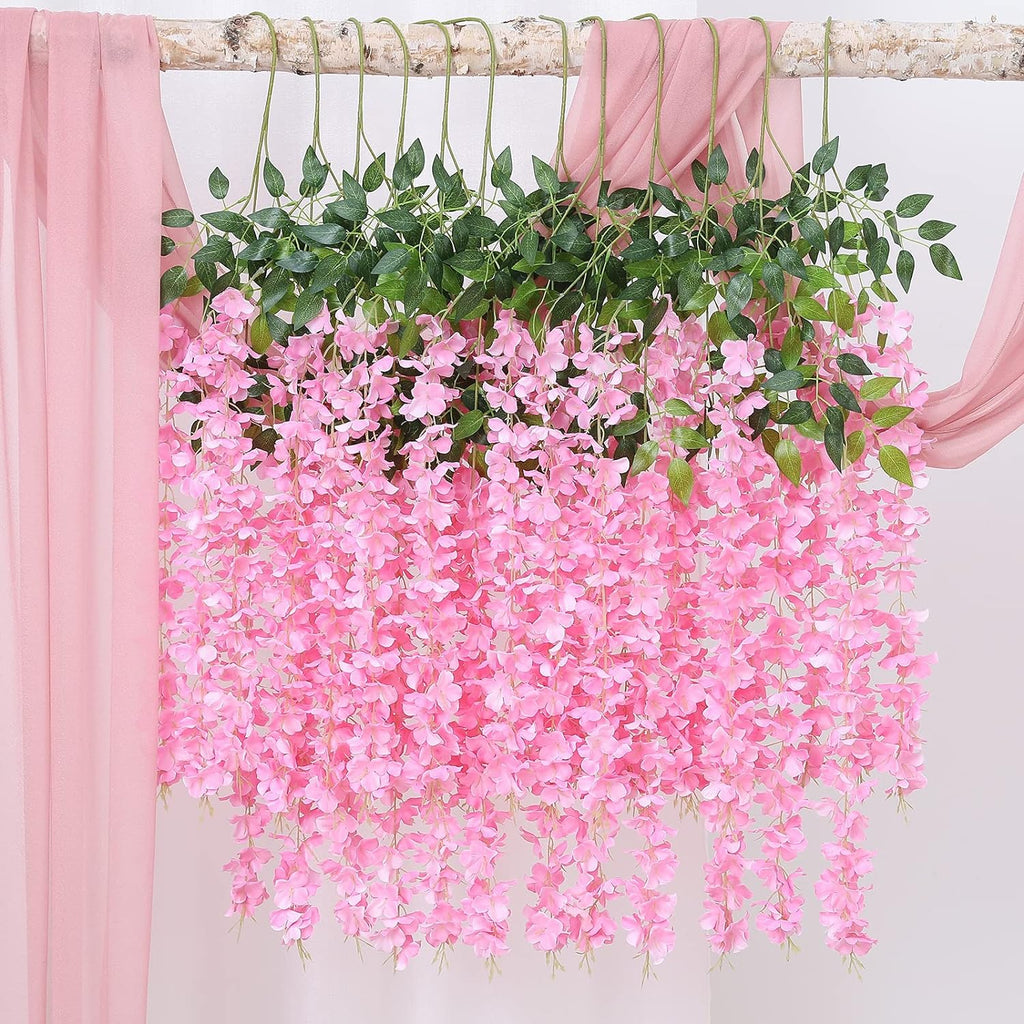 Duovlo 12 Piece Artificial Silk Wisteria Vine 3.6 Feet Ratta Hanging Flower Garland String Home Party Wedding Decor (Light Pink)