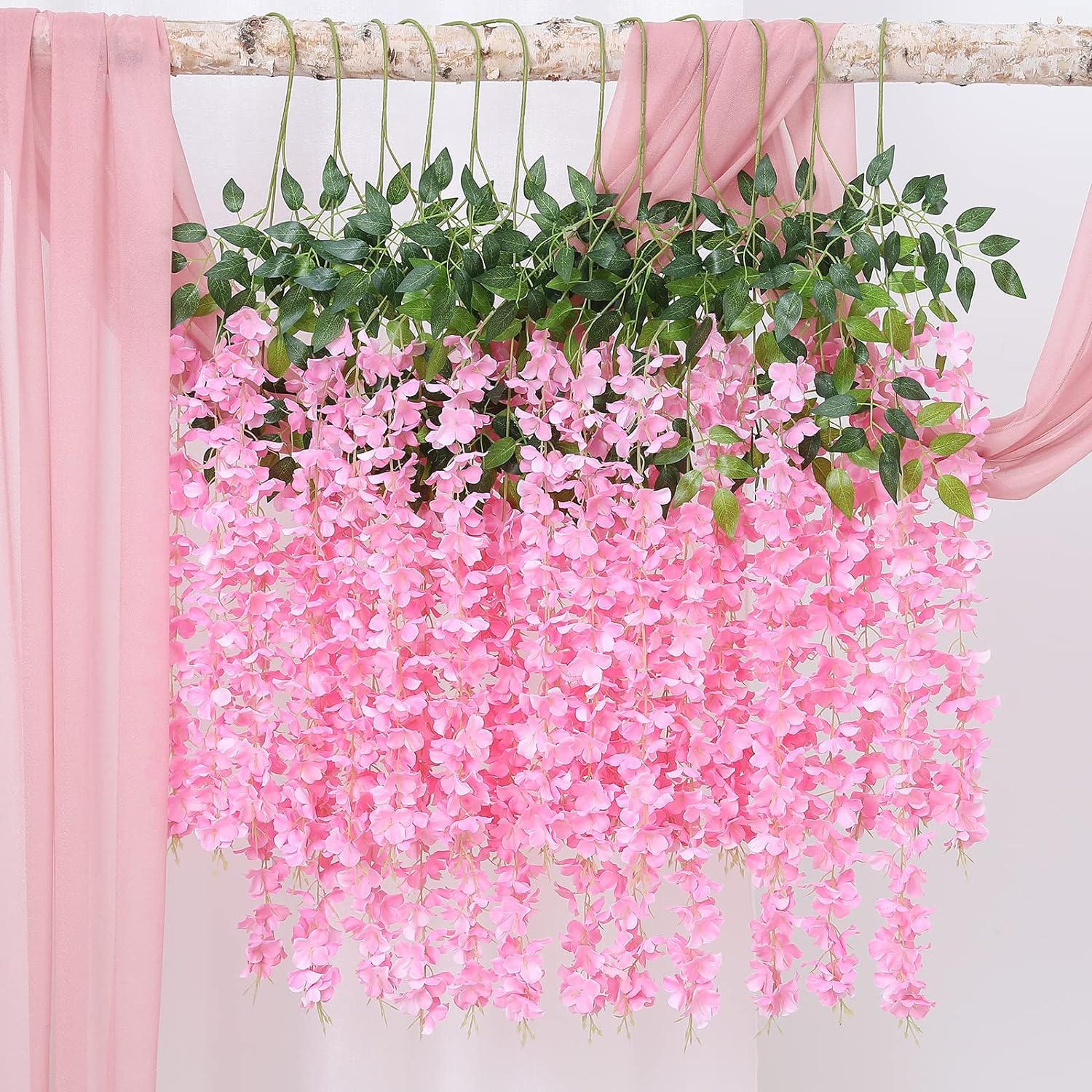 Duovlo 12 Piece Artificial Silk Wisteria Vine 3.6 Feet Ratta Hanging Flower Garland String Home Party Wedding Decor (Light Pink)