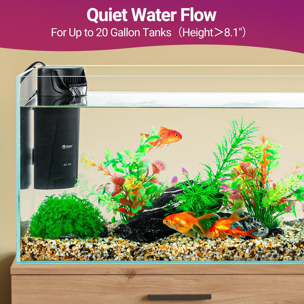 Quiet Internal Aquarium Filter, 3-Stage Bio Filtration Low-Level Waterfall 5W Power Fish Tank Filter with Protective Grate for Up to 20 Gallon Betta Turtle Shrimp Tank, 90GPH (Filter)