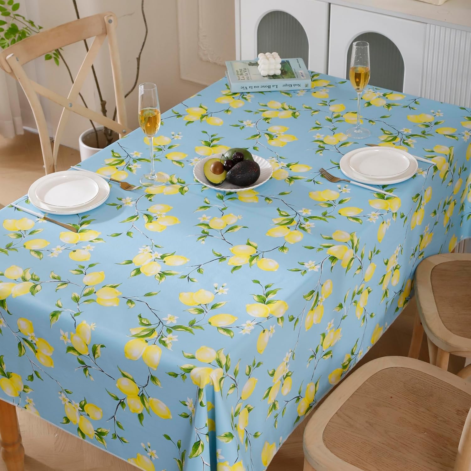 Walrus Heavy Duty Vinyl Tablecloth with Flannel Backing Waterproof Oil-Proof Plastic Table Cloth Stain-Resistant Wipeable Rectangle or Square Table Cover for Indoor and Outdoor (Lemon, 60x102 Inch)