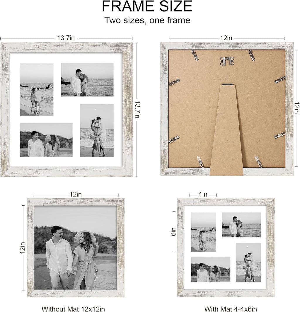 12x12 Picture Frame Set of 2, Distressed White Wood Frame with Glass Collage Frame, Display Pictures 4-4x6 With Mat or 12 x 12 Without Mat, Photo Frames Collage for Wall Hanging or Tabletop