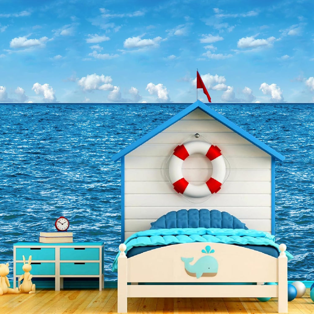 4.5x33 Ft Ocean Sky Wall Backdrop Decorations,Roll of Plastic Blue Ocean Sky White Clouds Photography Background,Under The Sea Natural Scenery Wallpaper Summer Weeding Birthday Pool Party Photo Props