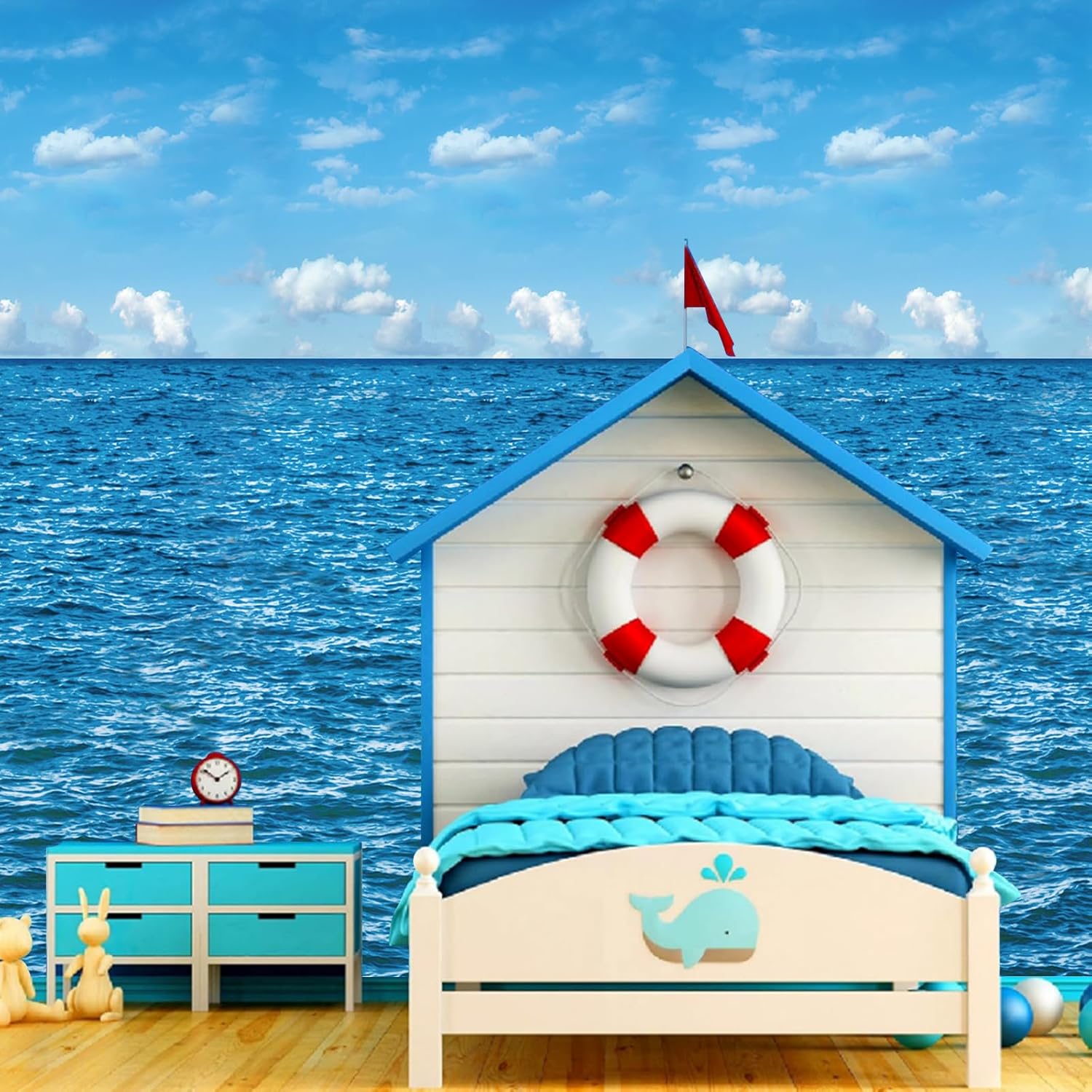 4.5x33 Ft Ocean Sky Wall Backdrop Decorations,Roll of Plastic Blue Ocean Sky White Clouds Photography Background,Under The Sea Natural Scenery Wallpaper Summer Weeding Birthday Pool Party Photo Props