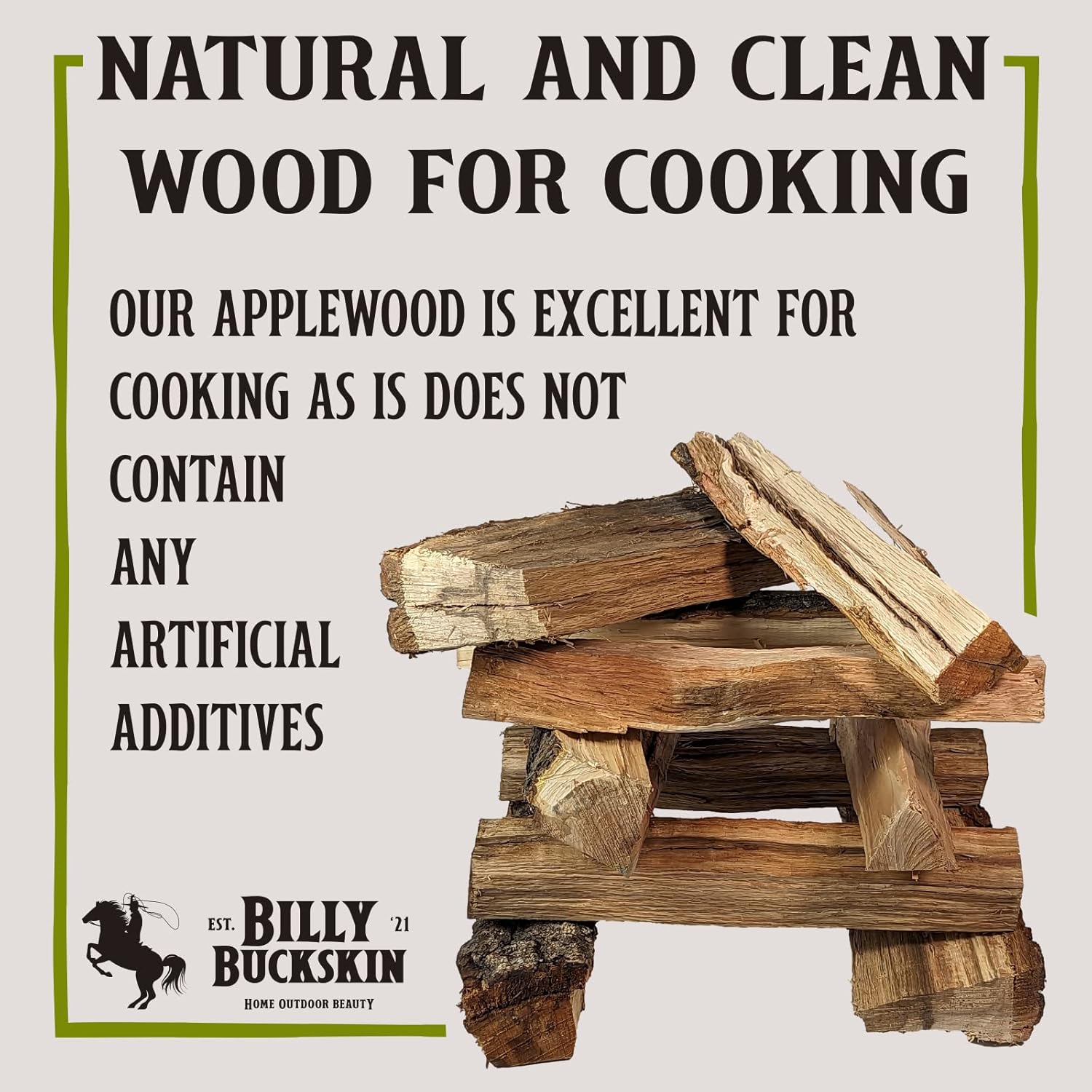 Billy Buckskin 18 LB Applewood Cooking Firewood – Includes 1lb 100% Natural Apple Wood Chips & Fatwood Starter Sticks for Fire Pit, Campfire, Fireplace, Wood Stoves and Outdoor Grilling