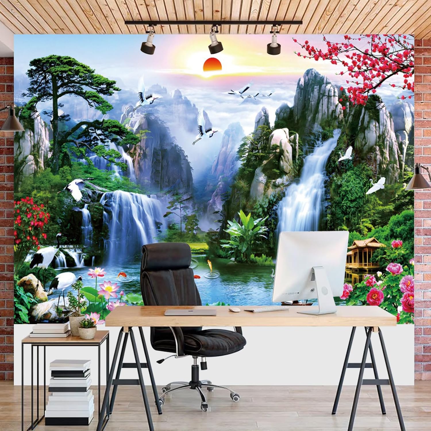 Fabric 10x7ft Zen Garden Backdrop Mountain Waterfalls Sunrise Scenery Photography Background Pine Pavilion Bridge Lotus Crane Spring Flowers Asian Landscape Wallpaper Decoration Photo Props