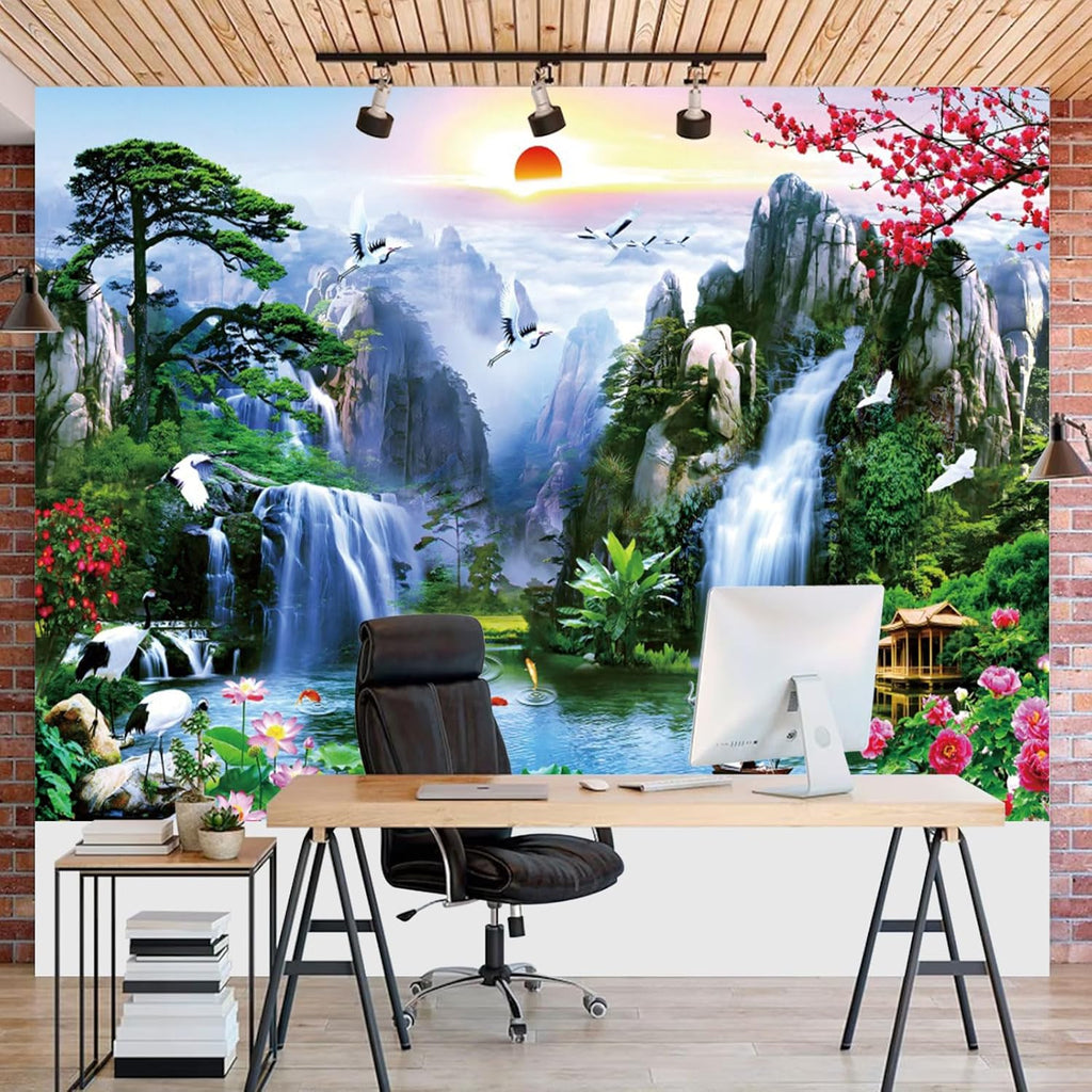 Fabric 6x4ft Zen Garden Backdrop Mountain Waterfalls Sunrise Scenery Photography Background Pine Pavilion Bridge Lotus Crane Spring Flowers Asian Landscape Wallpaper Decoration Photo Props