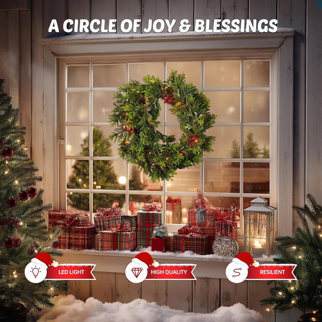 6FT Christmas Garland – Artificial Norfolk Pine Olive Garland with Red Berries, Pinecones & 20 Warm LED Timer Lights – Holiday Garland for Home, Wedding, Party Decorations