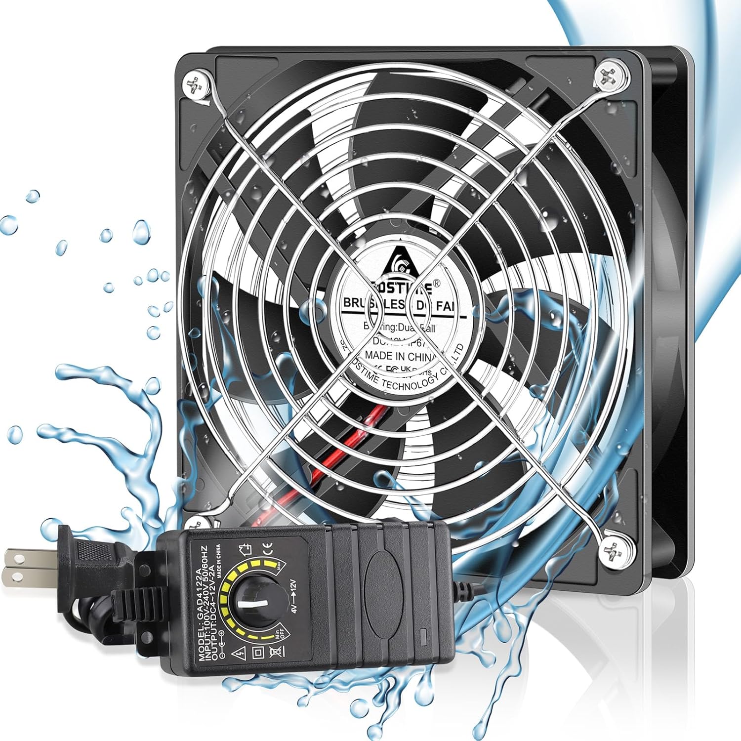 GDSTIME 120mm Waterproof Fan with Speed Controller, IP67 12V Computer Fan with AC Plug, 110V 120V 220V AC Powered Ventilation Exhaust Fans for Receiver Terrarium Biltong Box Grow Tent Cabinet Cooling