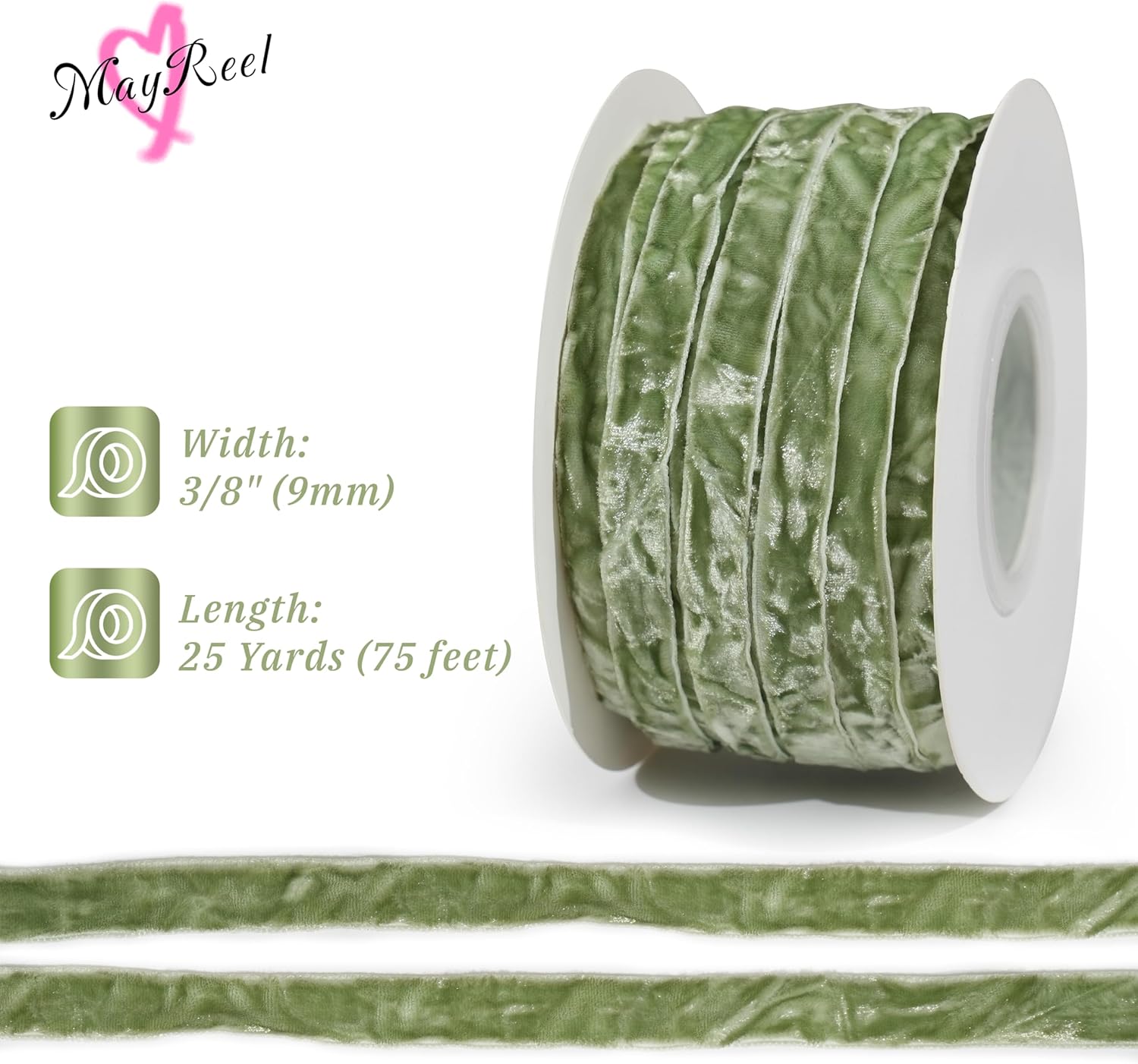 MAYREEL 3/8 Inch Sage Green Crushed Velvet Ribbon Olive Green Vintage for Flower Bouquet Gift Wrapping Wedding Invitations Crafts Christmas Decorations Party 25 Yards