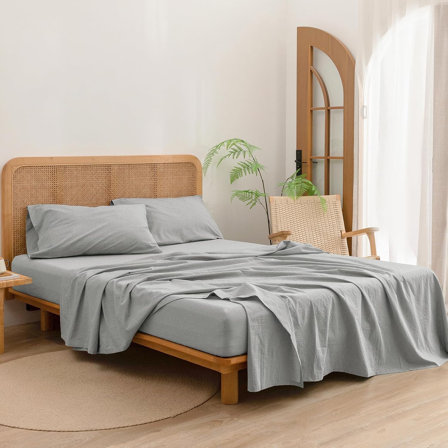 BESTOUCH Sheet Set 100% Washed Cotton Linen Feel Super Soft Comfortable Chic Lightweight 3 Pcs Home Bedding Set Solid Light Grey Twin