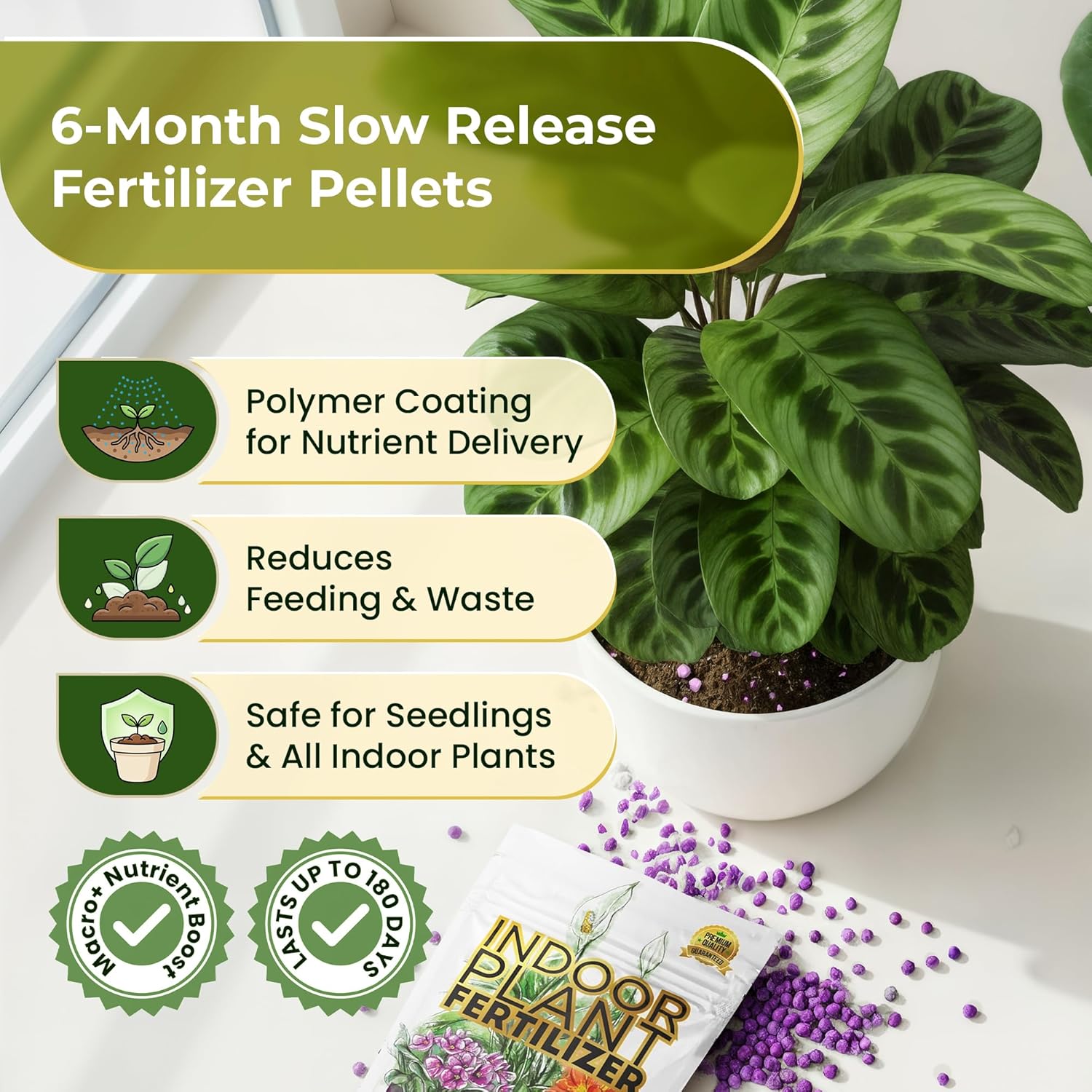 Indoor Plant Fertilizer Pellets | 18-6-8 Macro Plus for Seedlings and Mature Plants | Multi-Purpose Blend & Gardening Supplies| 5.2 oz Resealable Packaging