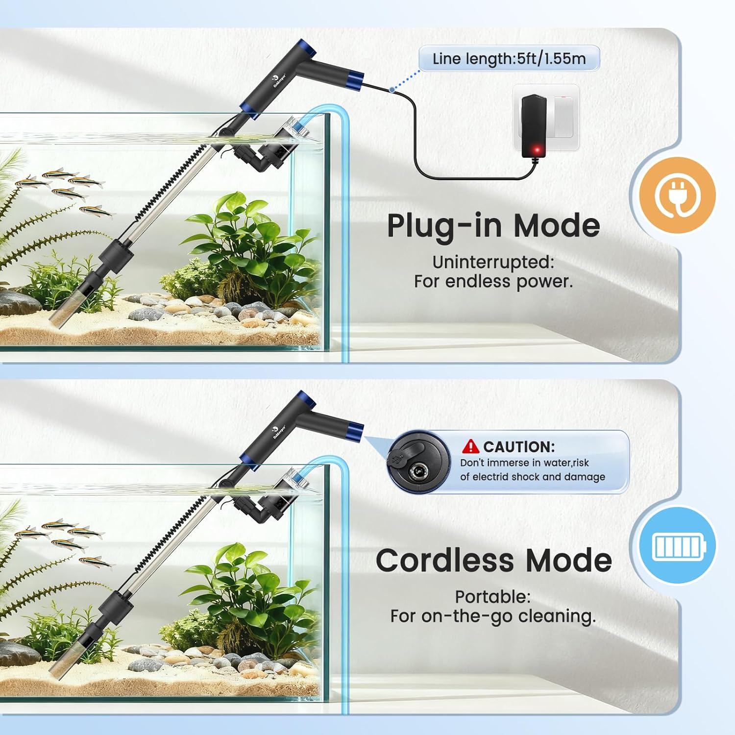 fishkeeper Electric Fish Tank Cleaner – 8W Rechargeable Aquarium Cleaning Tools with Gravel Vacuum, 213GPH Automatic Water Changer with Debris Cleaning & Sand Washing for Freshwater Saltwater Tanks