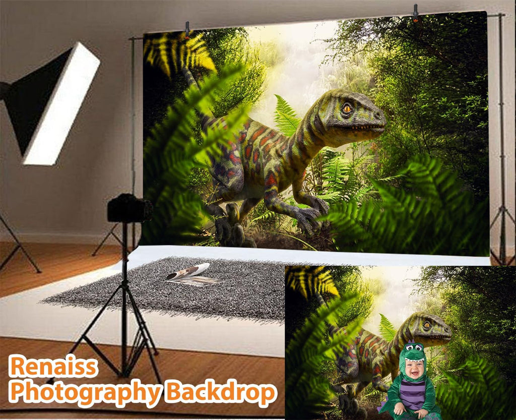 Renaiss 12x8ft Dinosaur Backdrop for Photoshoot Fabric Jurassic Period Jungle Forest Photography Background for Kids Boys Man Birthday Party Supplies Wallpaper Portrait Photo Props