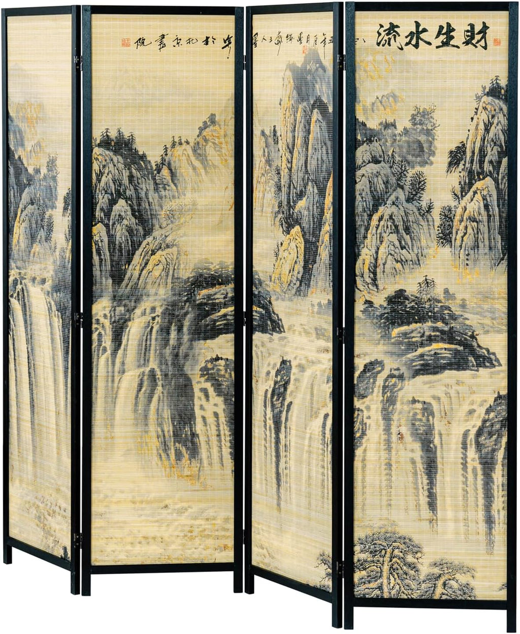 MyGift 4 Panel Folding Room Divider, 6FT Bamboo Privacy Screen with Black Wood Frame, Ancient Asian Mountain & Waterfall Landscape Print, and Brushed Prosperity Calligraphy Design 77''W x 70.9''H