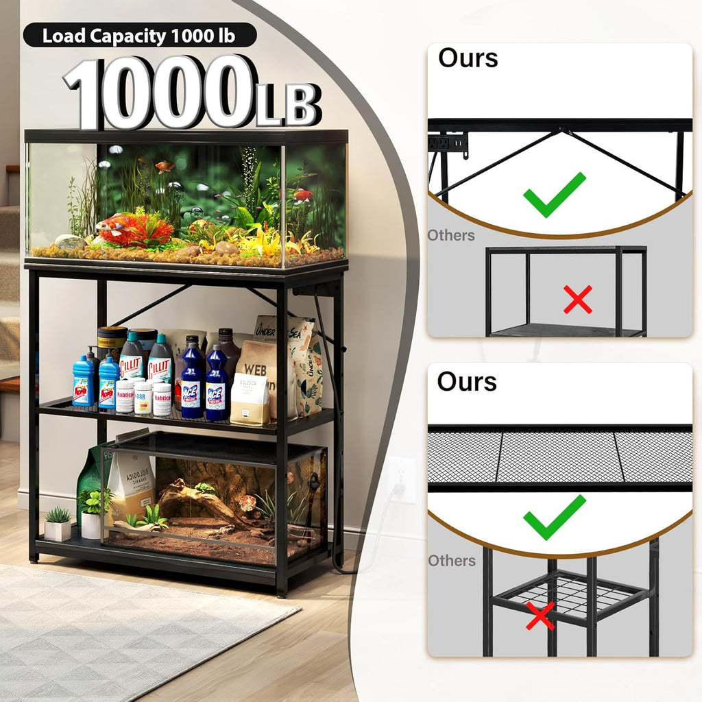 TC-HOMENY Fish Tank Stand 10-20-29-37 Gallon, 1000LB Capacity Aquarium Stand with Charging Station，31" L x 16" W Metal Reptile Tank Stand, Double Storage Design Adjustable Boards, Black (Tank not Included)