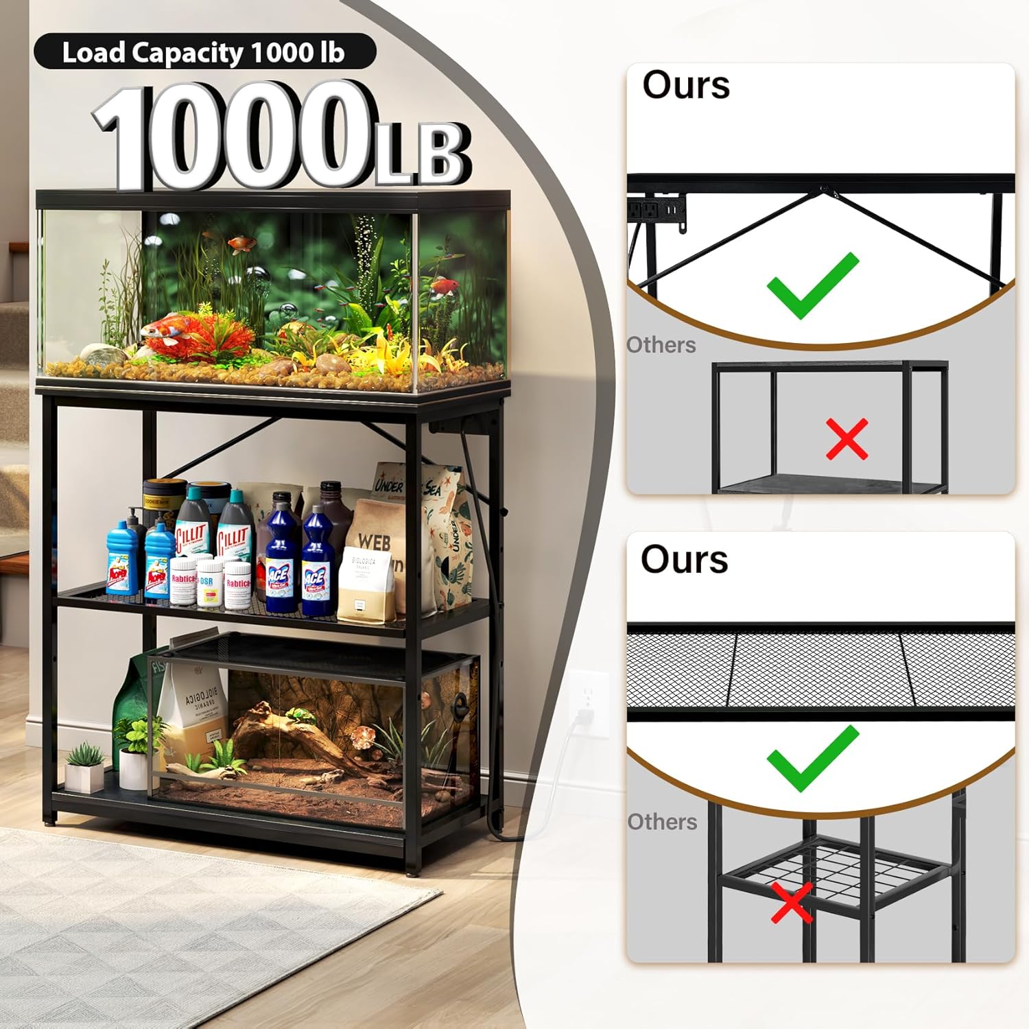 TC-HOMENY Fish Tank Stand 10-20-29-37 Gallon, 1000LB Capacity Aquarium Stand with Charging Station，31" L x 16" W Metal Reptile Tank Stand, Double Storage Design Adjustable Boards, Black (Tank not Included)