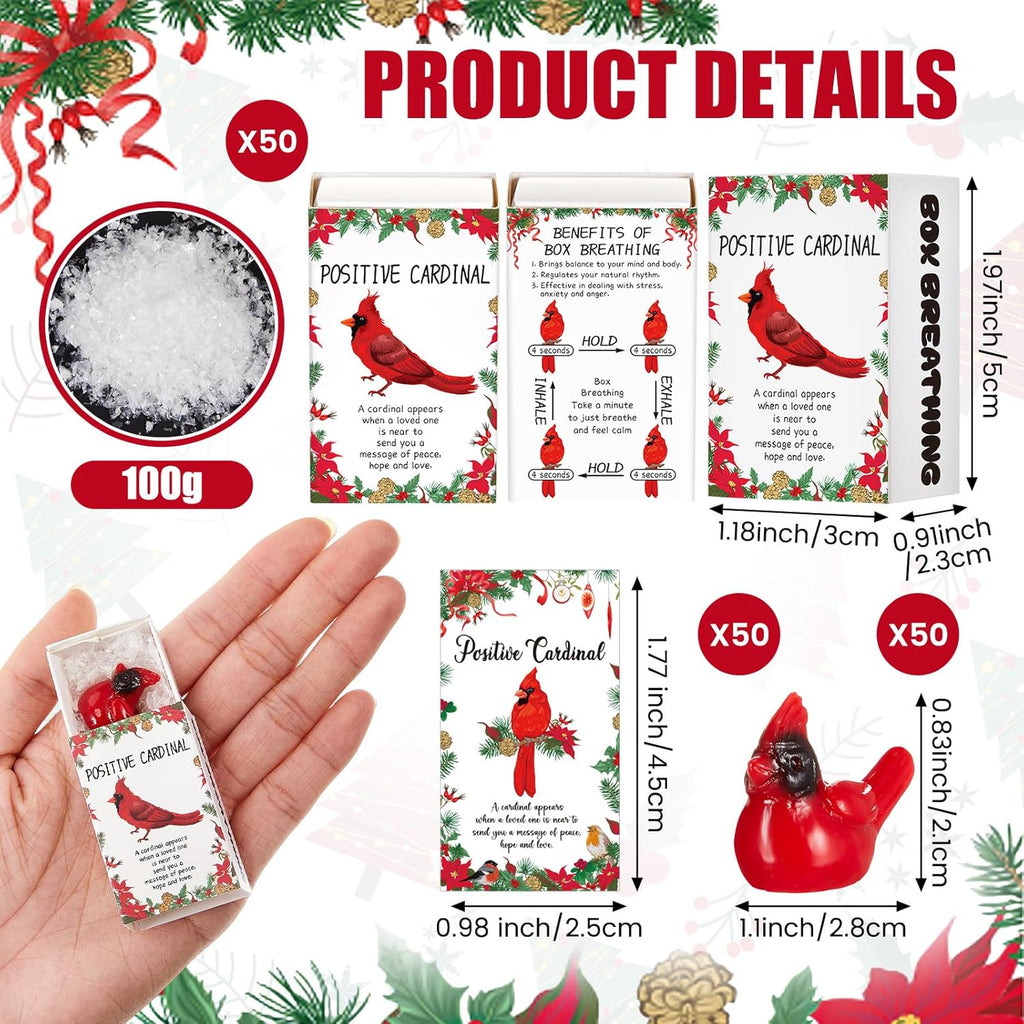 Thyle 50 Set Christmas Employee Appreciation Gifts Bulk Mini Resin Red Cardinal Bird Figurines Christmas Party Favors Set Including Resin Red Cardinal, Mini Box, Positive Cards and Fake Snowflake