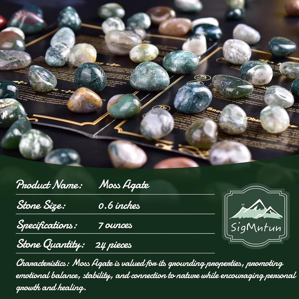 Moss Agate Healing Crystal Stone Set - 24 Pieces, 0.6" Natural & Polished Stones for Healing, Meditation, Reiki, Chakra, Crafting & Decoration