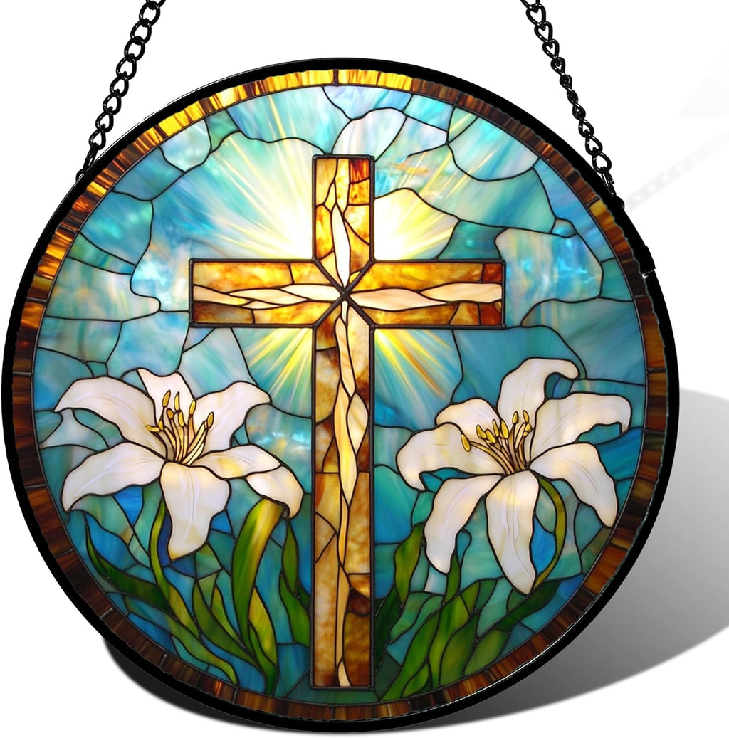 Christian Gifts for Women - Cross Stained Glass Window Hanging Jesus Easter White Lily Flower Sun Catcher Garden Religion Decor Mother's Day Catholic Gift for Men Grandma Mom Her Nana 6.3"