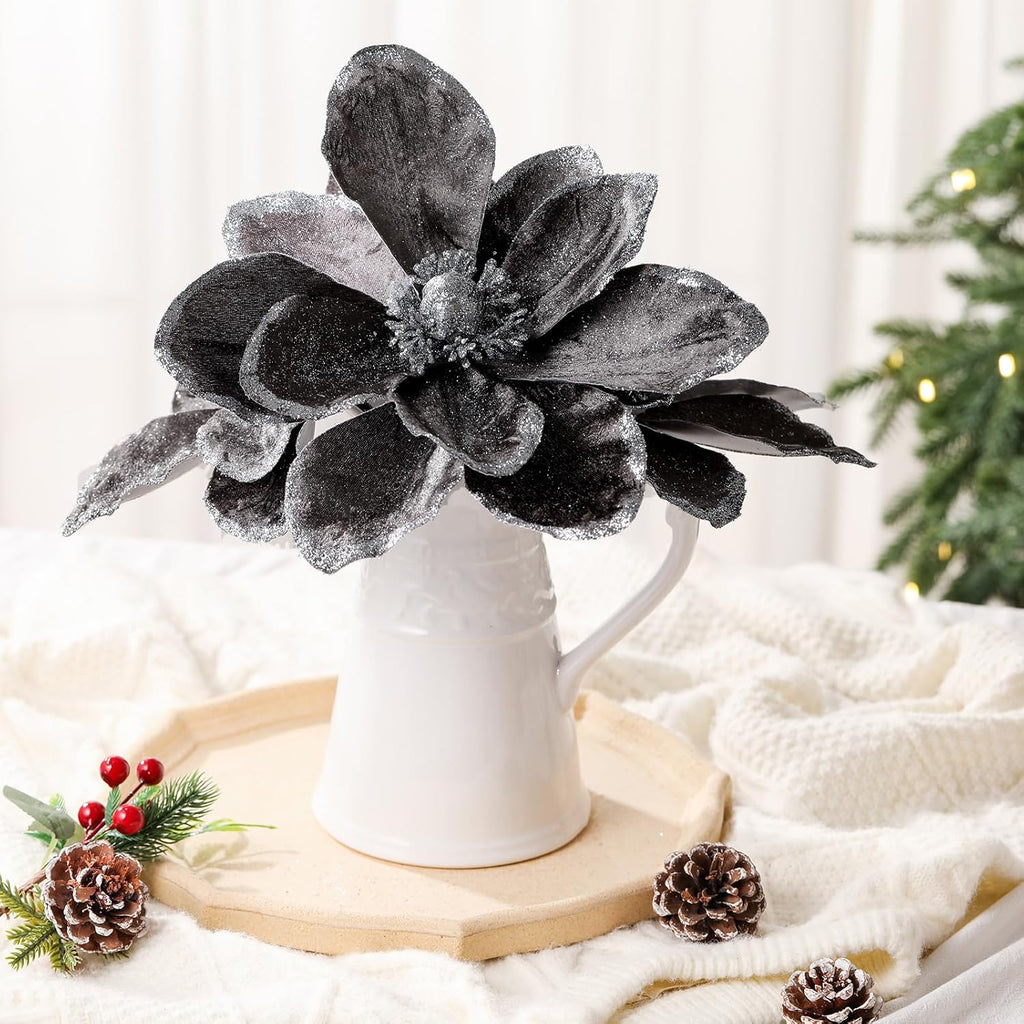 8 Pcs Large Christmas Flower Magnolia Flowers Christmas Tree Decoration Artificial Poinsettia Stems Velvet Xmas Ornaments for Xmas Tree Table Decor(Gery,12 Inch)