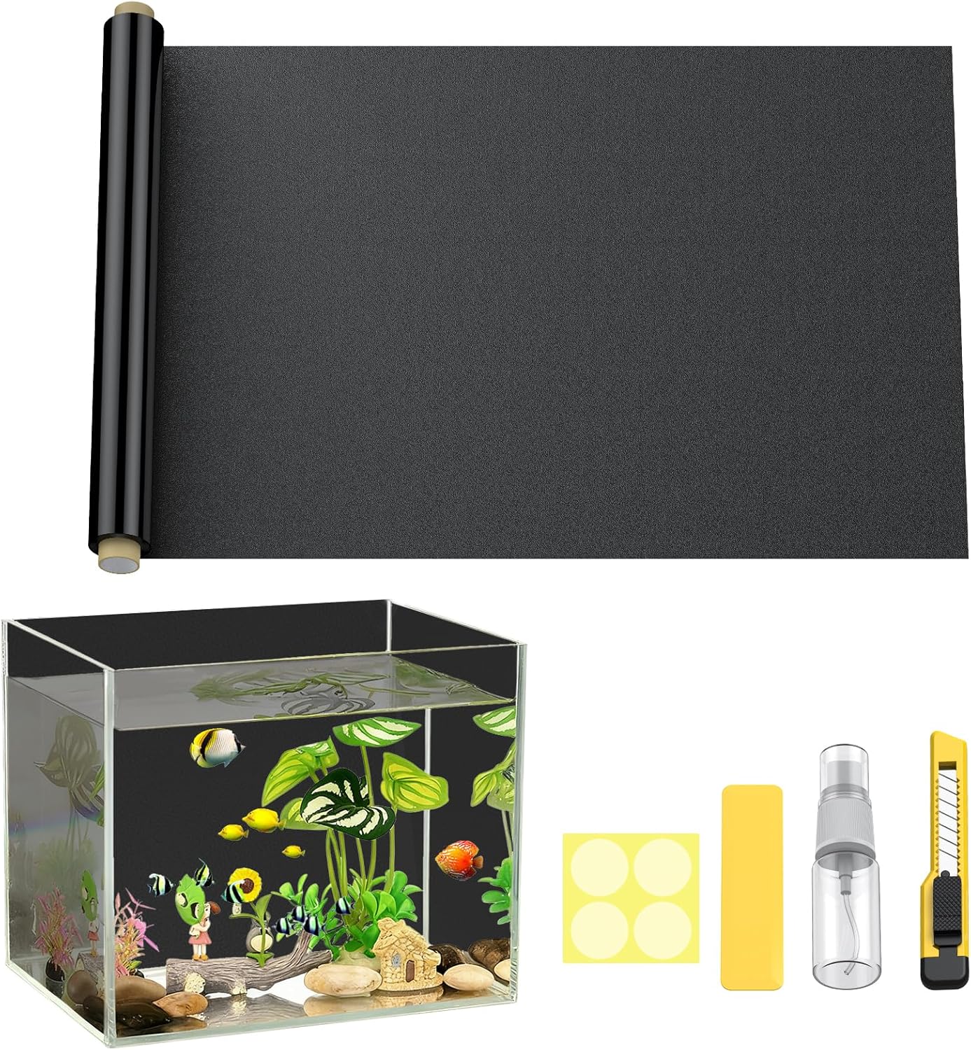 Pawfly Black Aquarium Background, 48" x 18", Static Cling Fish Tank Background Wallpaper, No Glue Reusable PVC Fish Tank Backdrop, Easy to Install Aquarium Décor Background, Fish Tank Decoration