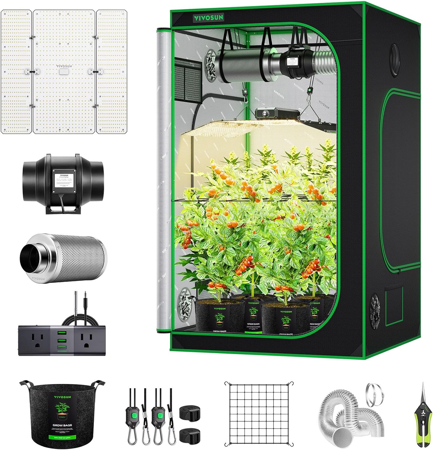 VIVOSUN GIY 4x4 ft. Grow Tent Complete System, Grow Tent Kit Complete with 6 Inch Inline Fan Package, 2 x 200W LED Grow Light, Temperature Humidity Monitor, Netting, Grow Bags, Pruning Shear and Timer