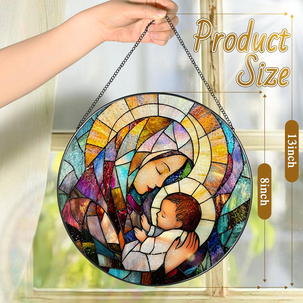 Baby Jesus and The Holy Mother Mary Sun Catcher, 8 Inch Stained Glass Window Hanging, Stained Glass Decor, Christian Home Decor, Christian Gifts for Women, Religious Gifts for Women