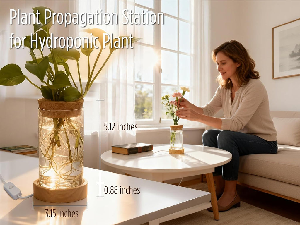 Plant Propagation Station with Lights, Glass Planter Station with Waterproof Lighted Wooden Base, Desktop Hydroponic Plants Terrarium with LED, Cylindrical Planter with Light for Home & Office Decor