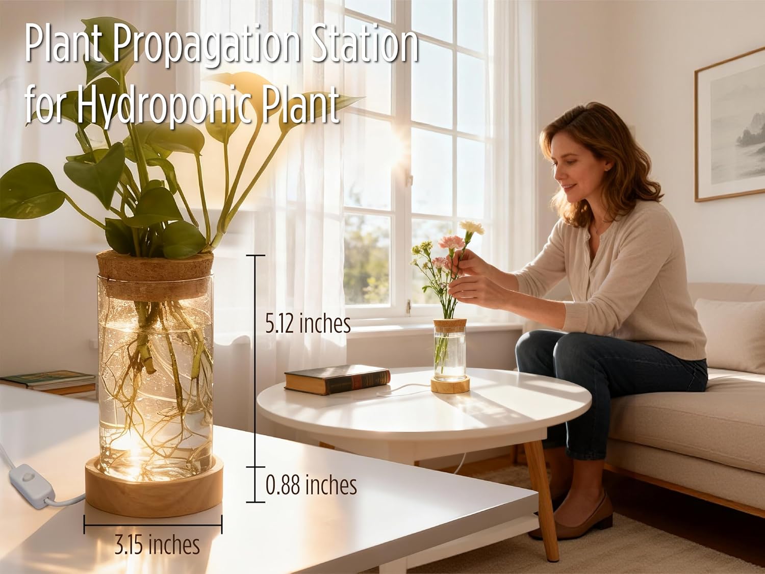 Plant Propagation Station with Lights, Glass Planter Station with Waterproof Lighted Wooden Base, Desktop Hydroponic Plants Terrarium with LED, Cylindrical Planter with Light for Home & Office Decor