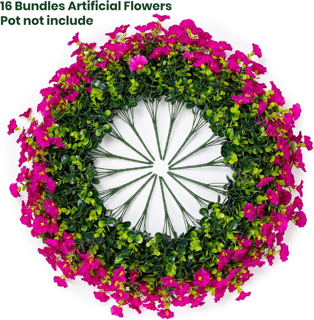 Artificial Faux Flowers for Outdoor 16 Bundles Boxwood Fake Morning Glory for Planter,UV Resistant Fake Flowers for Home Porch Patio Outside（Magenta）