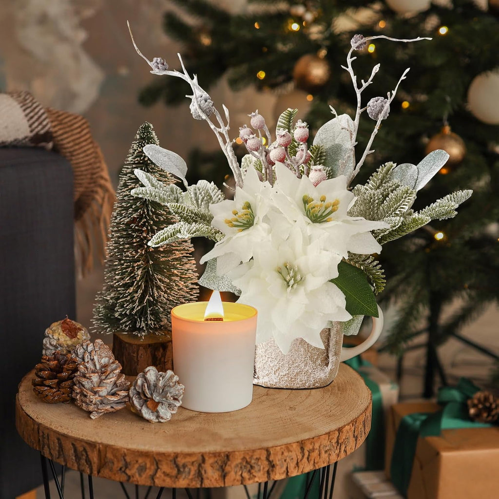 Artificial Poinsettias Christmas Flowers with Red Berry Pine Cone Branches Linen Base,12” Faux Poinsettias Plants for Home Office Table Fireplace Winter Indoor Christmas Decorations White
