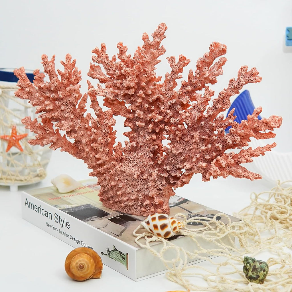 Coral Coastal Decor, Artificial Resin Coral Reef Statue, Coastal Room Decor Beach Decorations for Home Bathroom Bedroom,Ocean Themed Decor for Office,Aquarium,13.5''Lx10''H, 1008P, Pink;