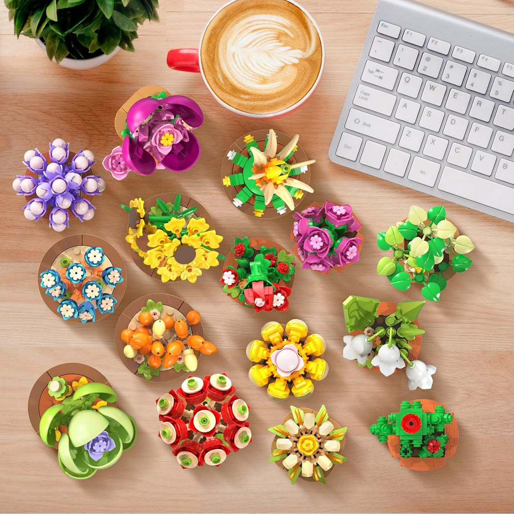 15 Pack Flowers Plants Mini Building Sets - 1314PCS 3.6MM Flower Succulents Botanical Collection for Home Office Décor Block Toy, Party Favors for Christmas Birthday Gift Adults Kids Girl 10+