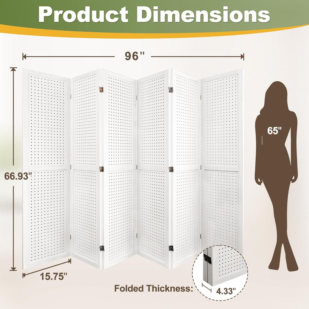 NicBex Room Divider 6 Panel Pegboard Display 5.6FT Wood PegBoard Room Dividers, Folding Privacy Screens Portable Display Board Wall Divider for Craft/Art Shows, Room Separation, White