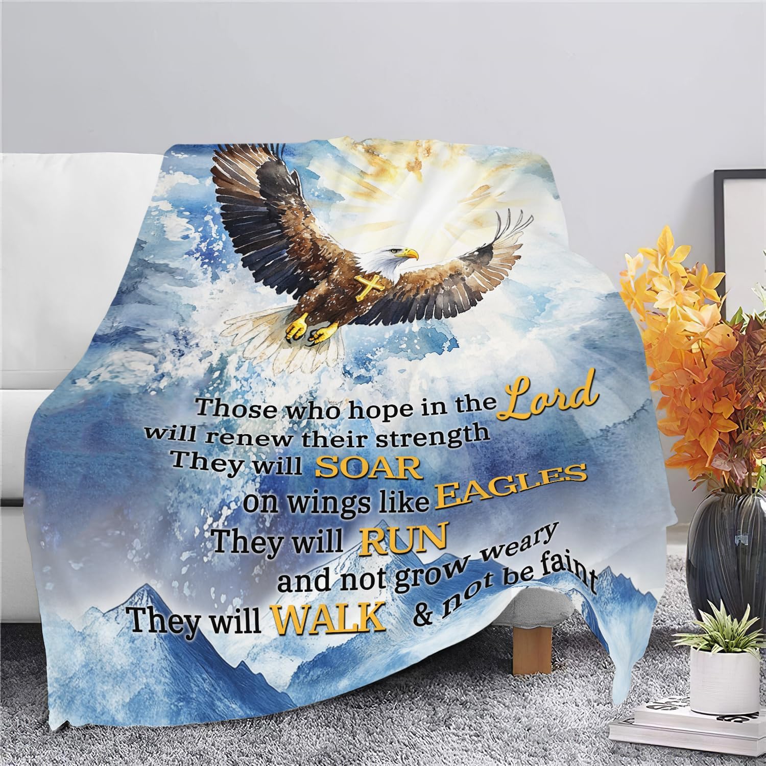 Bald Eagle Blanket Christian Faith Religious Bible Verse Inspirational Scripture Throw Catholic Spiritual Gifts for Adults Women Men Kids Girls Boys Plush Fuzzy Fleece Blanket Decor 40''X50''