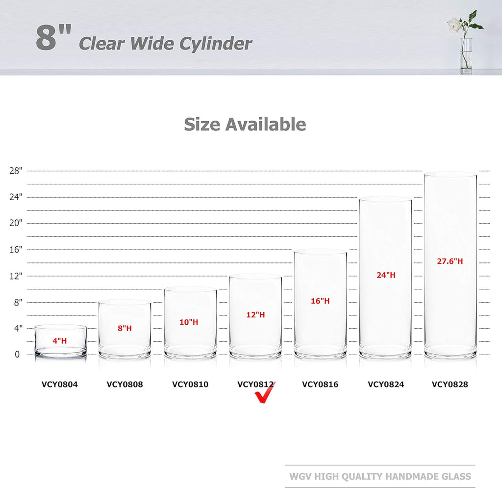 WGV Cylinder Vase, Width 8", Height 12", Clear Wide Large Diameter Flower Glassware, Floral Container, Planter Terrarium for Wedding Party Event, Home Accent Decor, 1 Piece