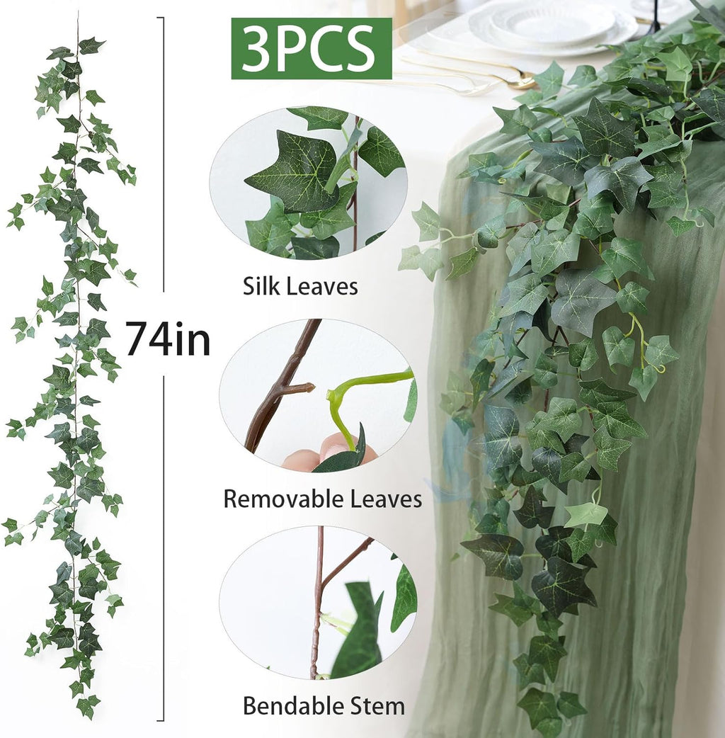 Mizii 3 Strands Artificial Vines Ivy Garland 74" Fake Vine with Silk Green Leaves Faux Hanging Plants Greenery Decoration for Outdoors Wedding Party Indoor Bedroom Home Wall Room Decor (Green)