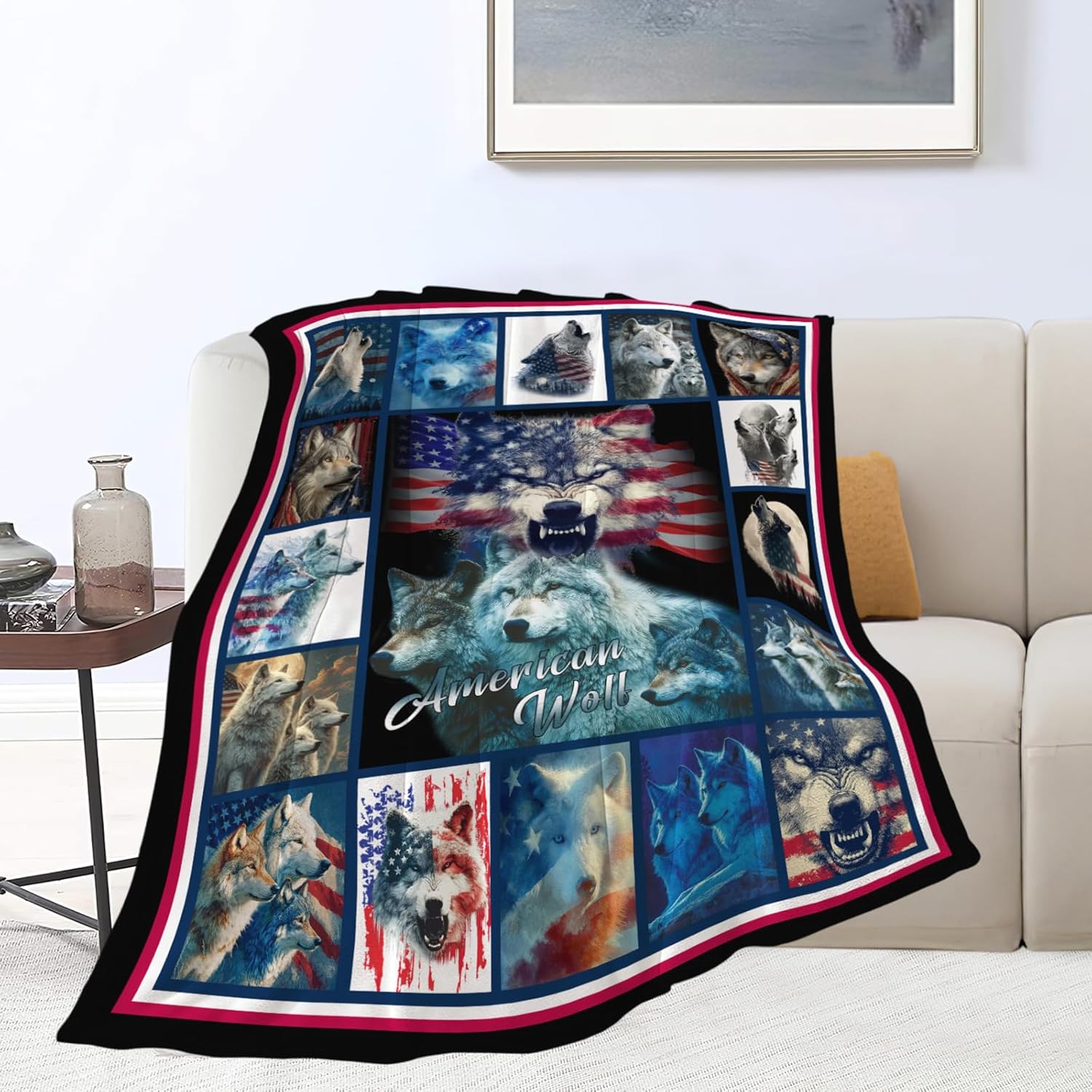 Wolf Throw Blanket American Flag Wolf Stuff Gifts for Kids Girls Boys Adults Women Men Soft Cozy Warm Plush Fluffy Fuzzy Fleece Blanket Decor 50''X60''