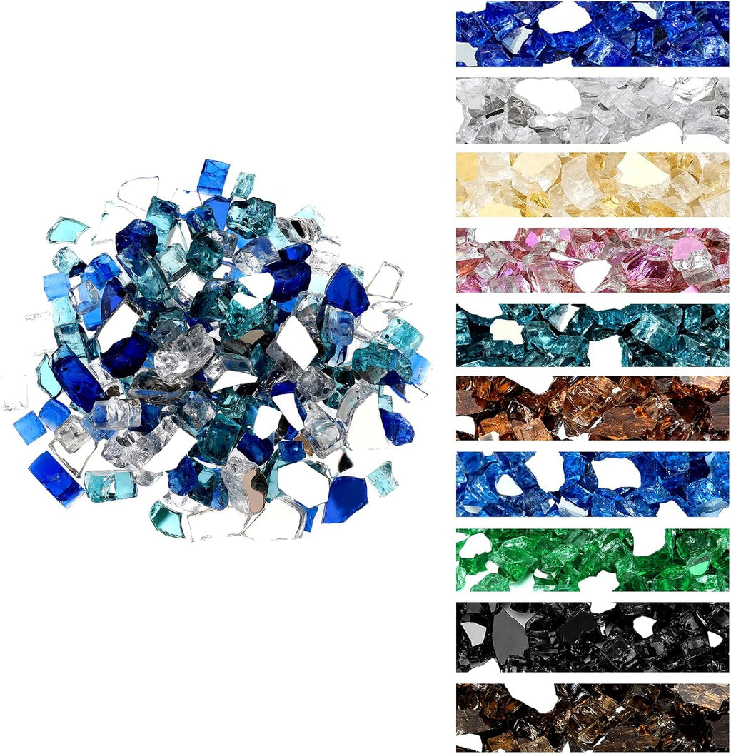 Onlyfire 10 Pounds Blended Reflective Fire Glass for Fire Pit Fireplace and Landscaping, 1/4 Inch Mixed Colored High Luster Fireglass Rocks for Outdoor ＆ Indoor Use - Aqua Blue+Platinum+Cobalt Blue