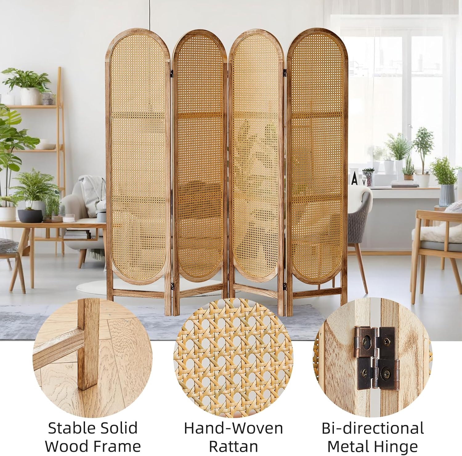 4 Panel Room Divider, Double Hinged Foldable Wooden Room Divider, Individual Privacy Screen Made of Hand-Woven Rattan, Portable Wall Divider for Home Office Bedroom Bathroom (Natural)