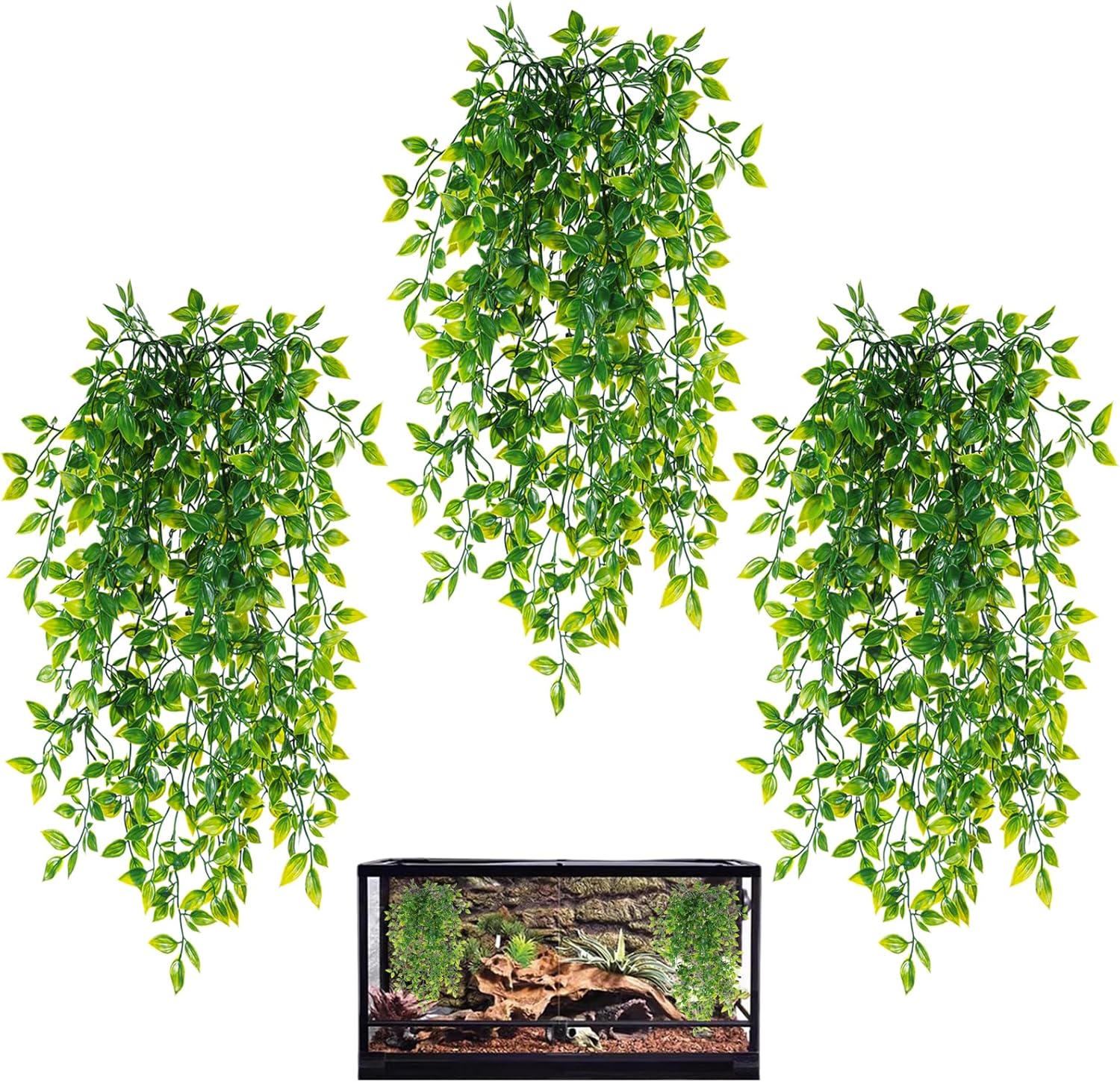 HERCOCCI Reptile Plants, 3 Pack Terrarium Hanging Plants Vines Artificial Leaves Habitat Decorations with Suction Cup for Bearded Dragon Hermit Crab Lizard Snake Geckos Chameleon