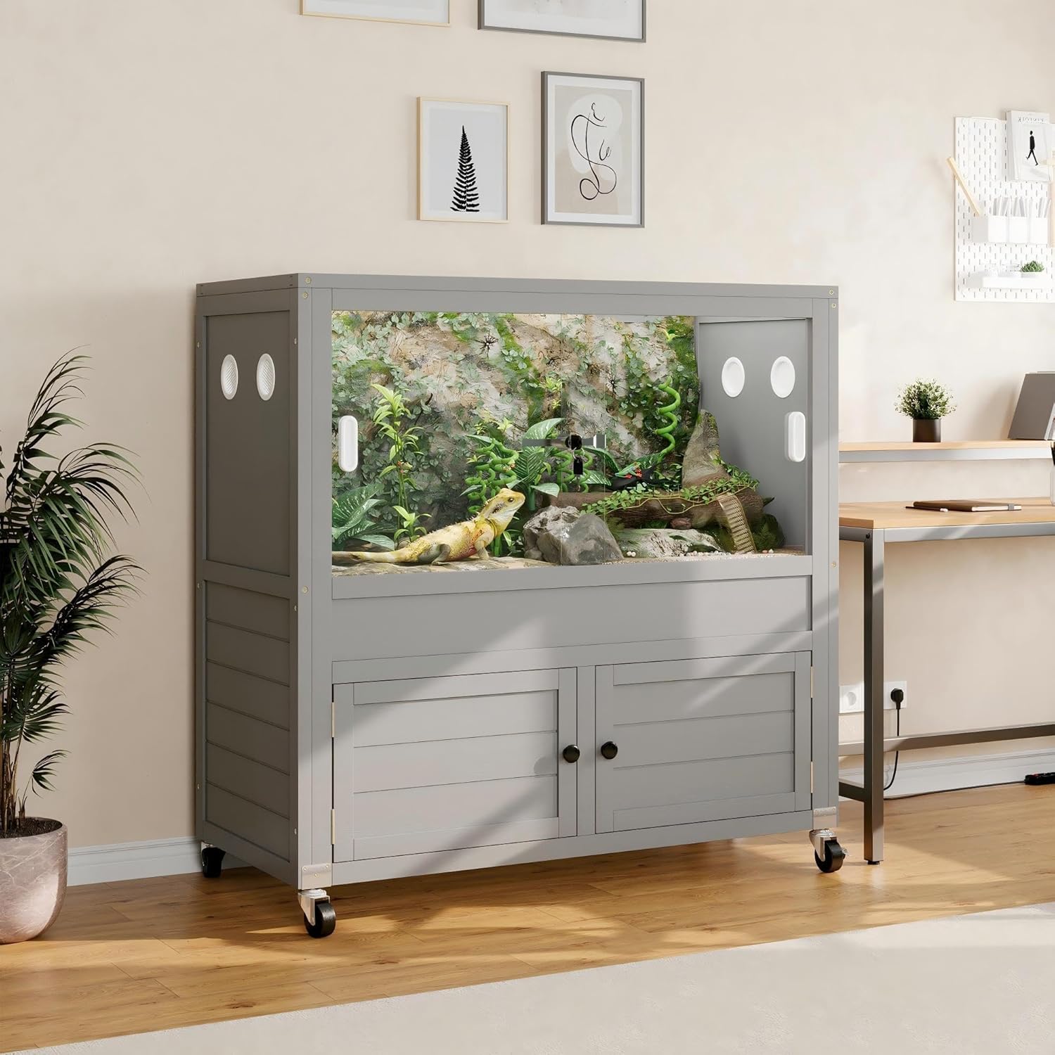 40 Gallon Reptile Tank with Stand,Wooden Bearded Dragon Tank with Large Storage Cabinet,Reptile Enclosure with Lock and Wheels,Snake Tank Also Fit for Lizards,Geckos