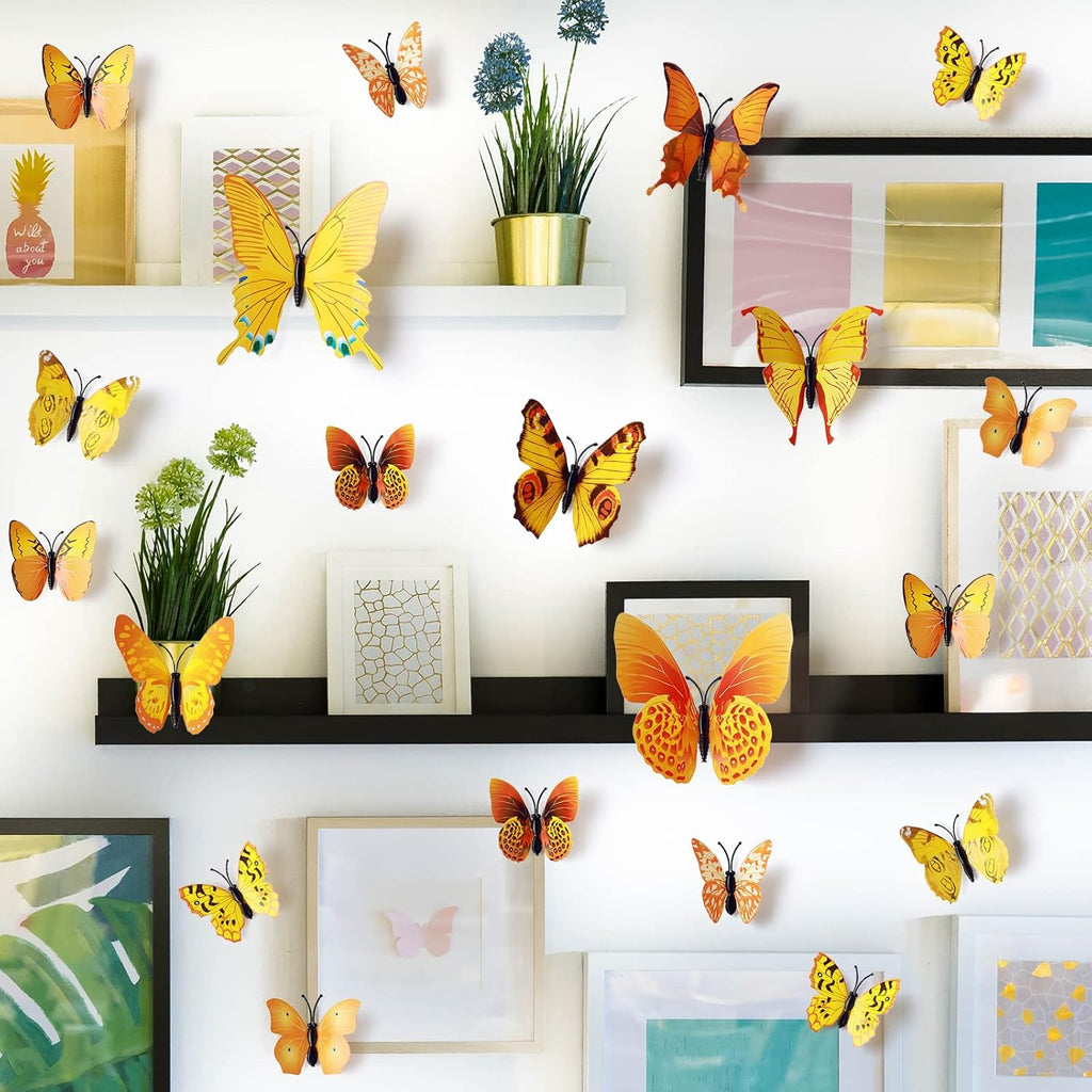 LiveGallery 72 PCS Yellow Removable 3D DIY Beautiful Butterfly Wall Decals Colorful Butterflies Art Decor Wall Stickers Murals for Kids Baby Boy Girls Bedroom Classroom Offices (Yellow)