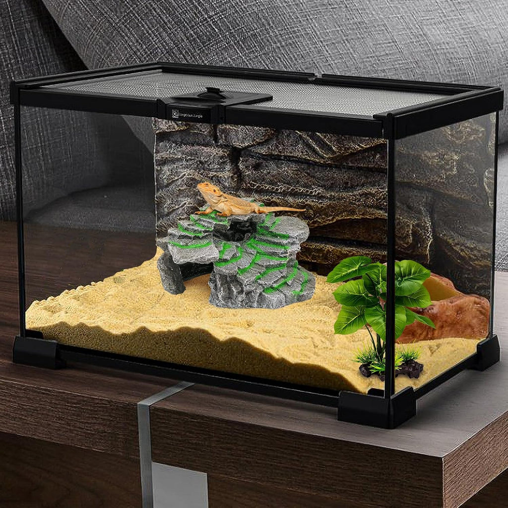Turtle Basking Platform, Reptile Habitat Hideout, Decorative Resin for Aquarium & Terrarium, Including Artificial Plant and Cleaning Brush.(C-Medium-Black)