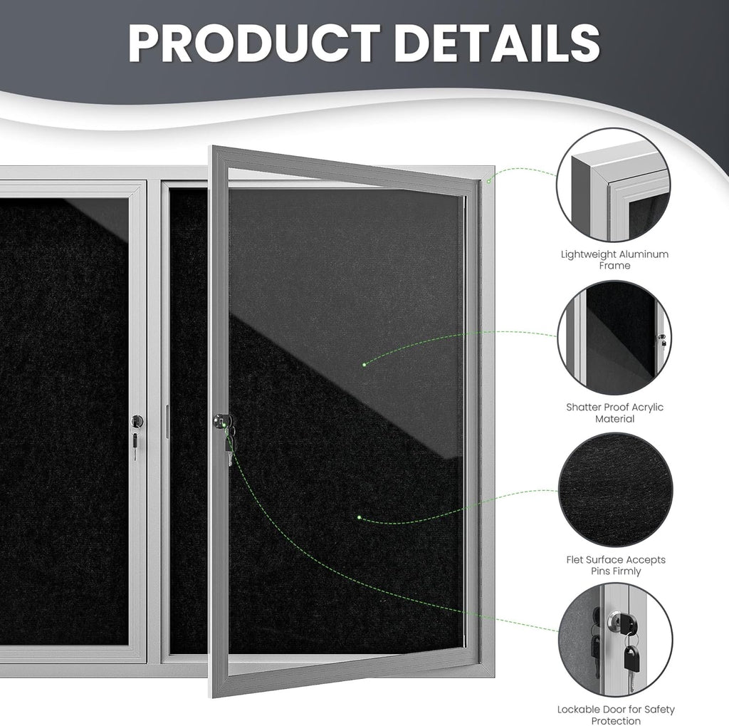 72"x36" Lockable Enclosed Bulletin Board, Outdoor Flet Weather-Resistant Aluminum Frame Notice Board, Wall Mounted Display Case Acrylic Doors for School,Office,Silver Frame w/Black Flet