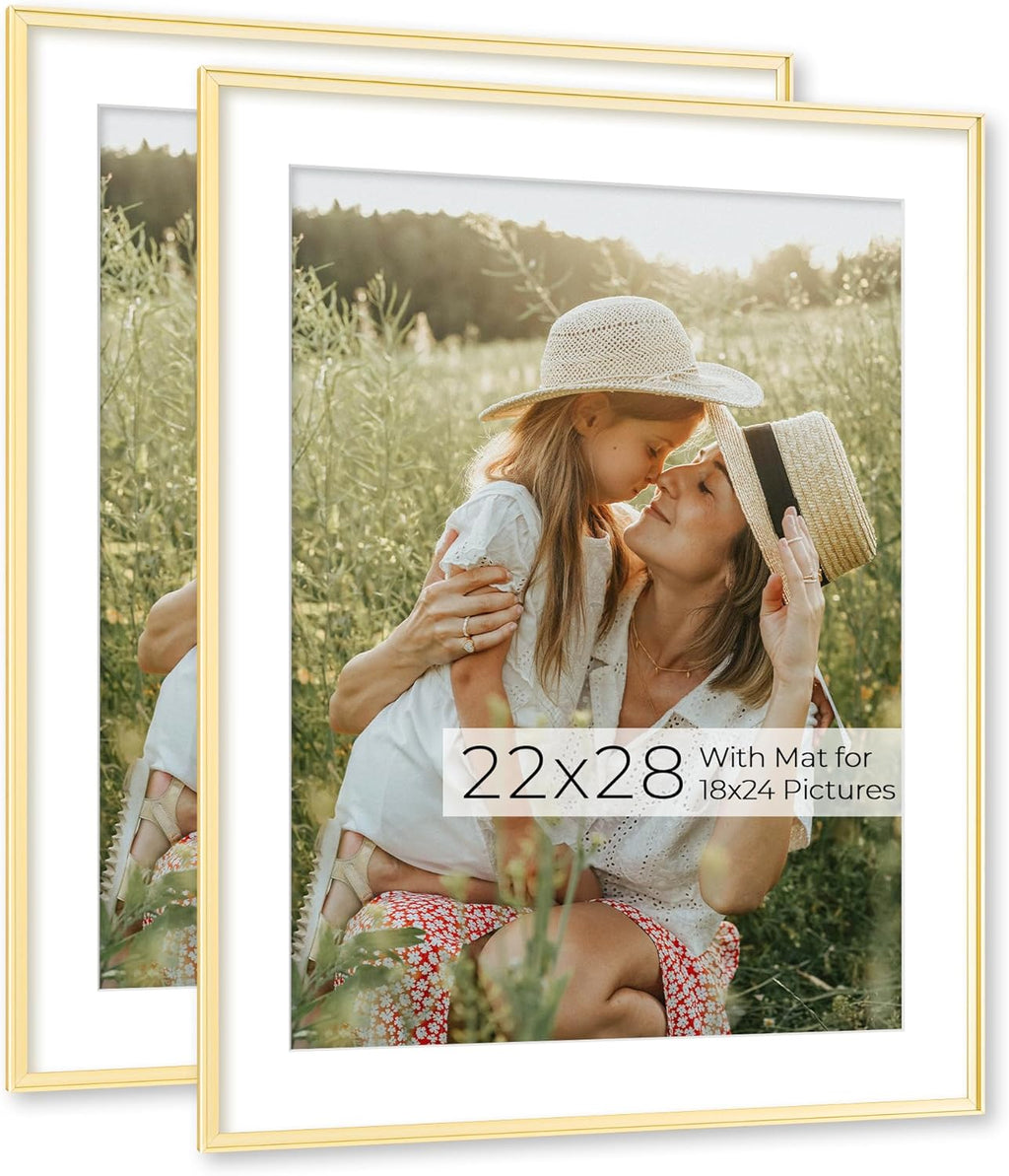 RICHFOCUS Aluminum Picture Frame - 22x28 Gold Metal Frame with Mat for 18x24 Photo, Floating Frame with Tempered Glass - Poster Frame Wall Hook Included for Gallery Wall, Set of 2