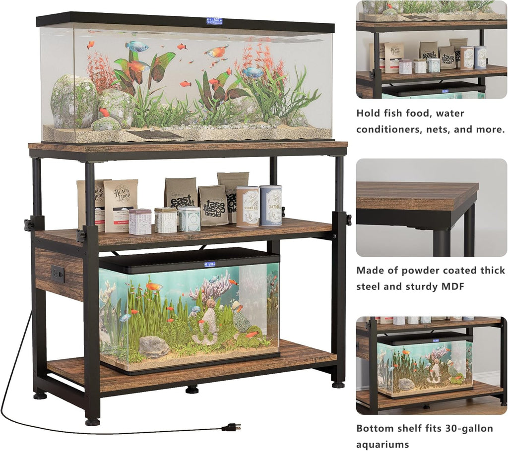 30-40-50 Gallon Aquarium Stand with Storage, 3-Tier Metal Fish Tank Stand with Power Outlet & Adjustable Height, Heavy Duty Turtle Tank Stand for Living Room Bedroom Office, Rustic Brown