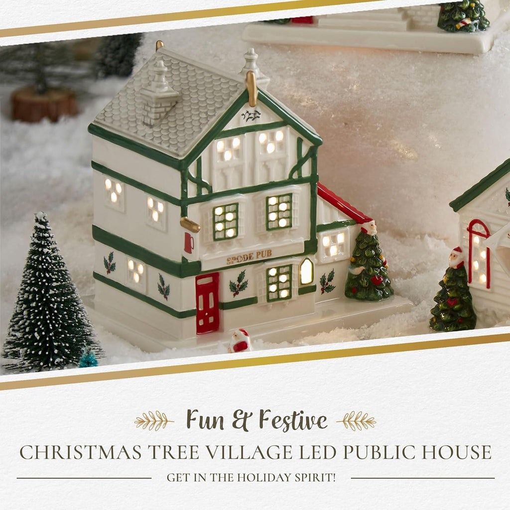 Spode Christmas Tree Miniature Figural LED Lighted Ceramic Dolomite Christmas Collectible for Indoor Display (Public House)