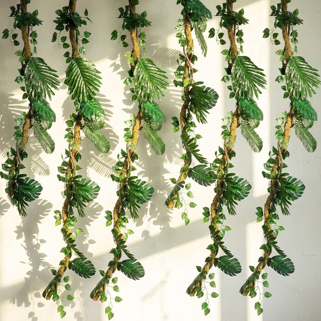 39pcs Jungle Theme Party Decorations 1 10ft Natural Moss Rope 1 10ft Artificial Rattans 36 Tropical Palm Leaves Ivy Fake Vines for Indoor Outdoor Tropical Rainforest Safari Rattan Party Decor